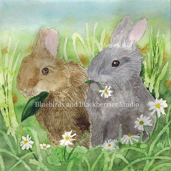 Rabbits in a Field Watercolor